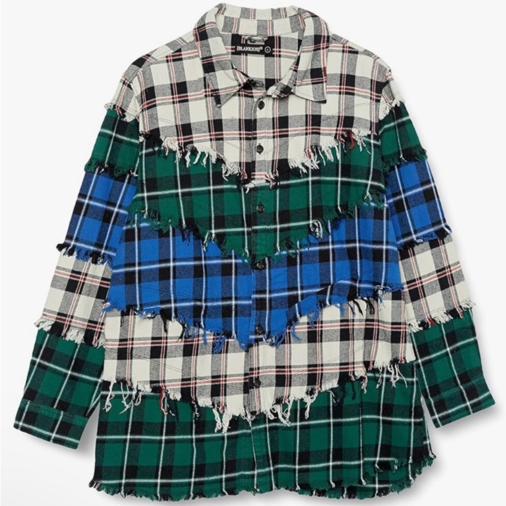 Blank NYC Double Dare Blue Green Plaid Fringe Flannel Shacket Button Down Top M
